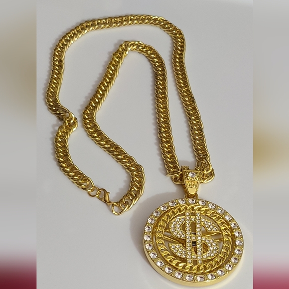 Bling iced out gold plated dollar money spinning necklace chain Halloween costum - Picture 4 of 12